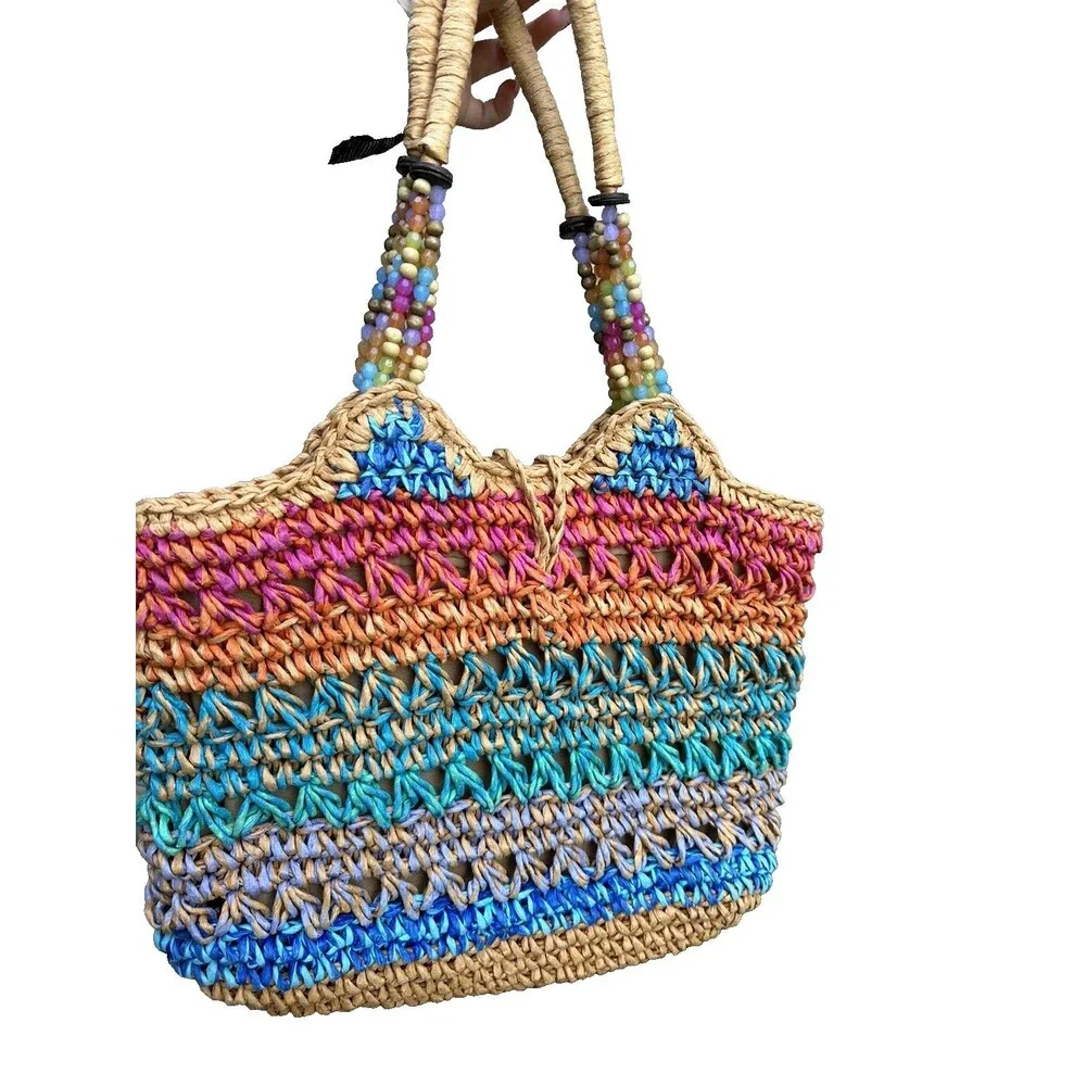 Cappelli Straworld Multi Color Bag with Beads One Button Closure NWT